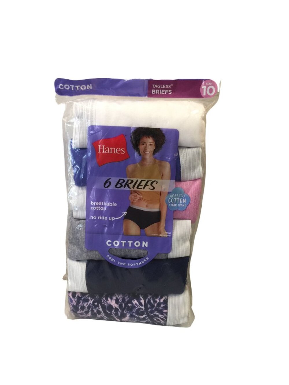 HANES Ladies Size 10 Cotton Tagless Briefs Purple Blue White 6 Pairs